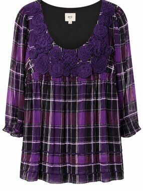 ECI Feminine 3D Embellished Y2K Floral Plaid Blouse Size 12